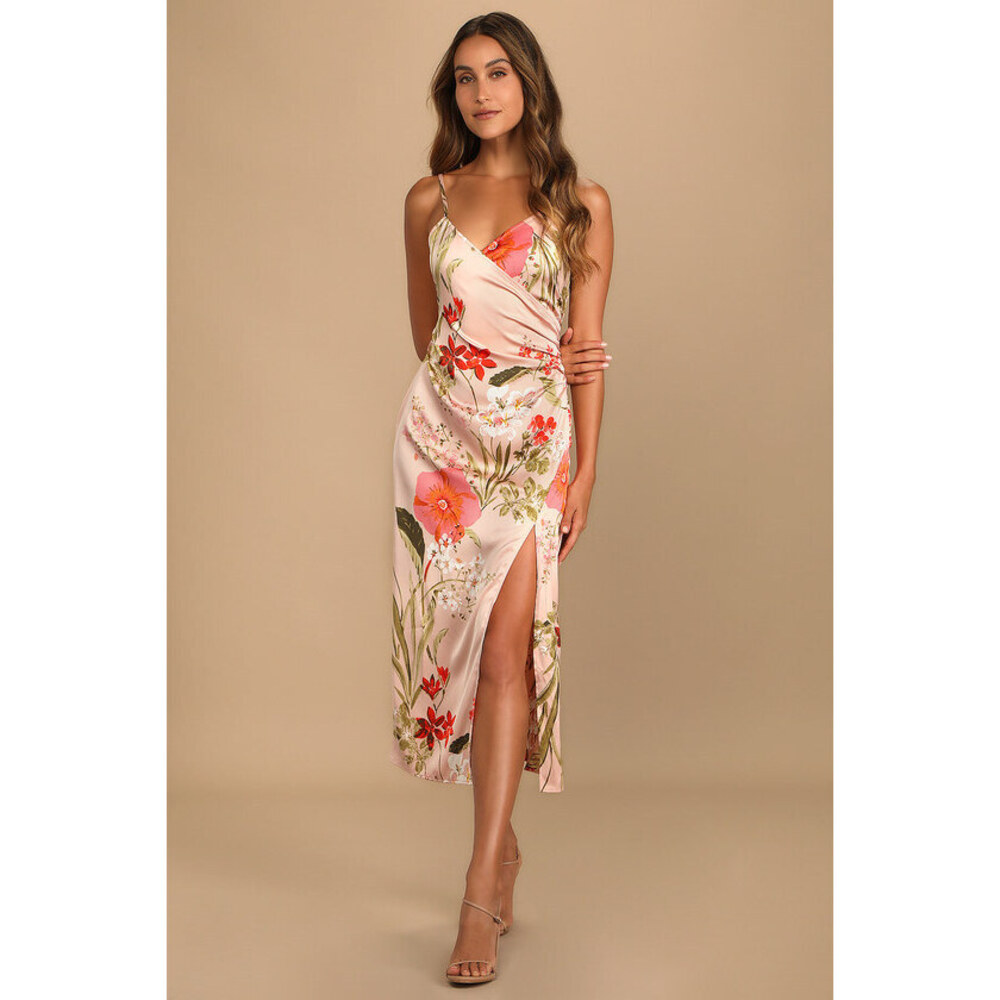 Remarkable Entrance Pink Floral Print Satin Midi Dress